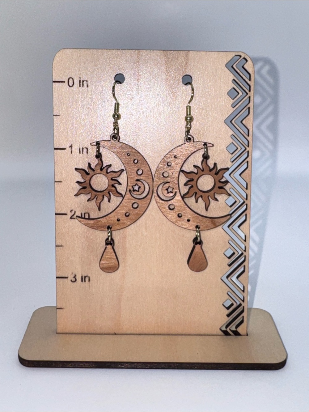 Handcrafted Laser cut Wood Moon & Sun Dangle Earrings - Cherry wood